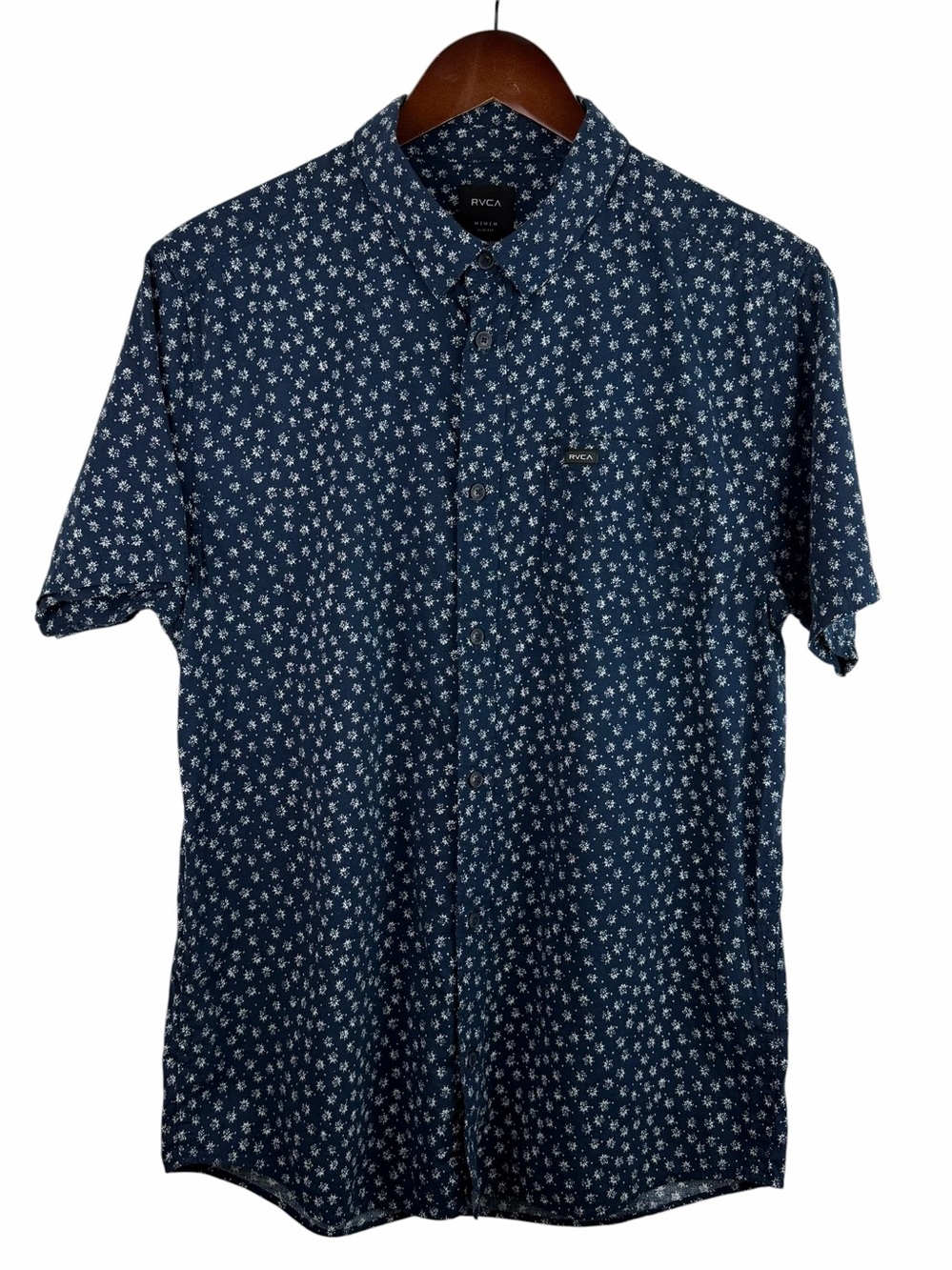 RVCA | Navy Blue White Print Slim Fit Button Short Sleeve Shirt